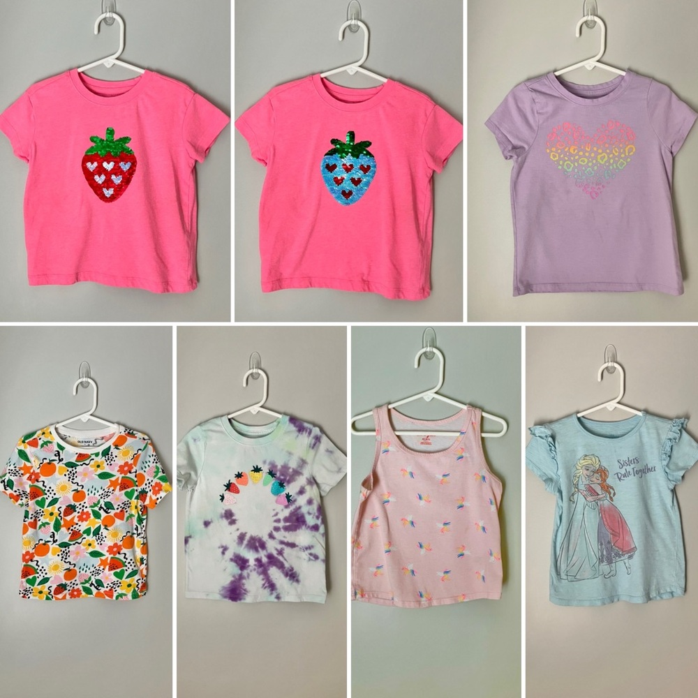 6-piece Size 5 Girls Short Sleeved Shirt Set - sequin, Disney, strawberries